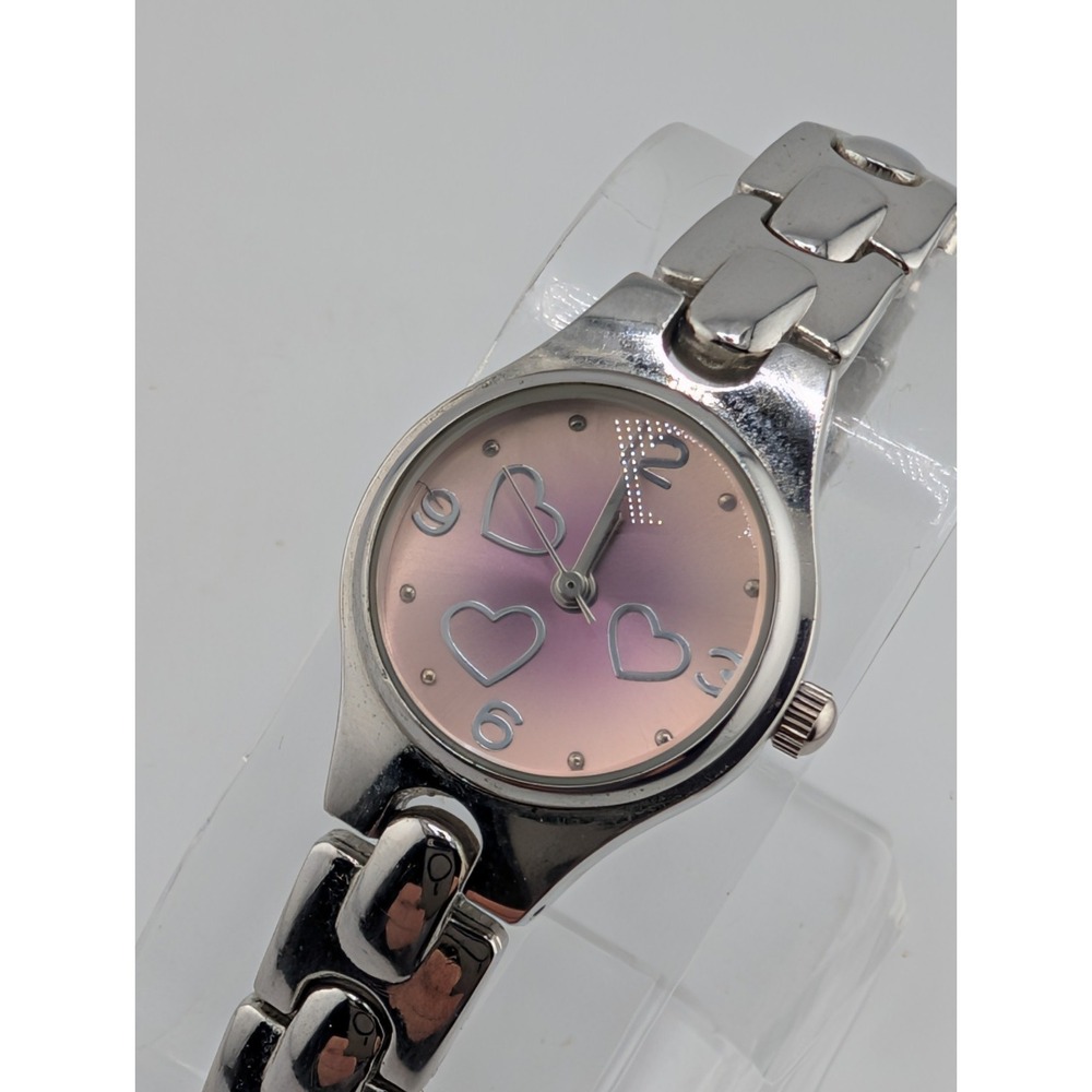 Pink Heart Dial Women's Watch 23mm Silver Case 6.75" Band- New Battery